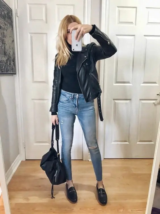 outfits with black leather jacket