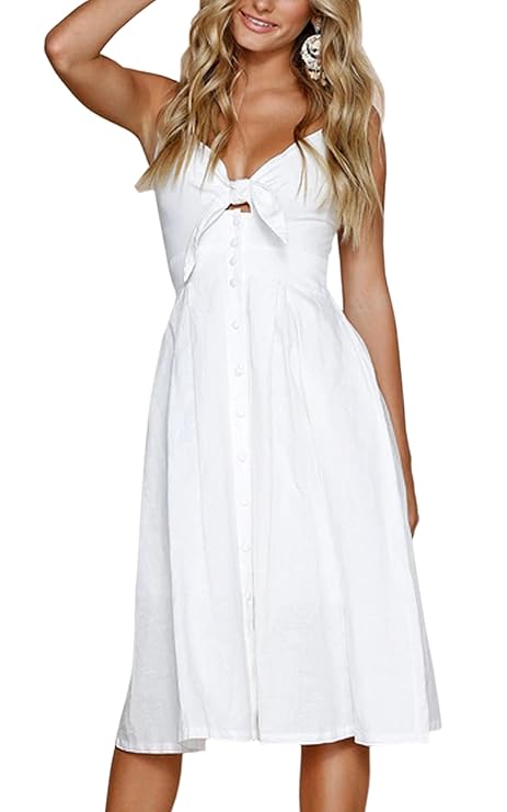 ECOWISH Womens Dresses Summer Tie Front V-Neck Spaghetti Strap Button Down A-Line Backless Swing Midi Dress White L